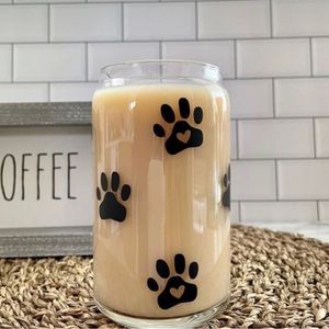 Paw print glass with bamboo lid and straw.